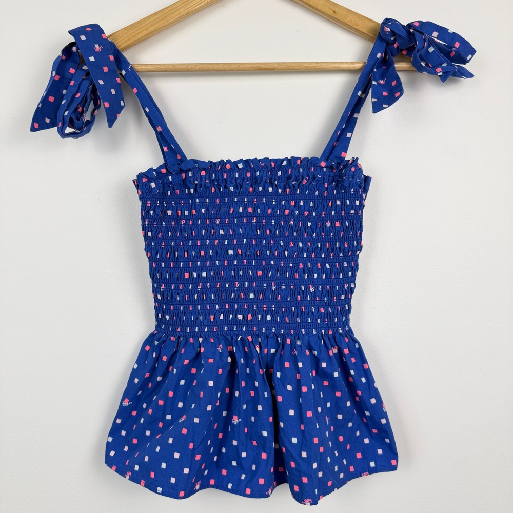 Lilly‎ Pulitzer Rivera Smocked Top Womens XS Blue Tie Strap Summer Vacation